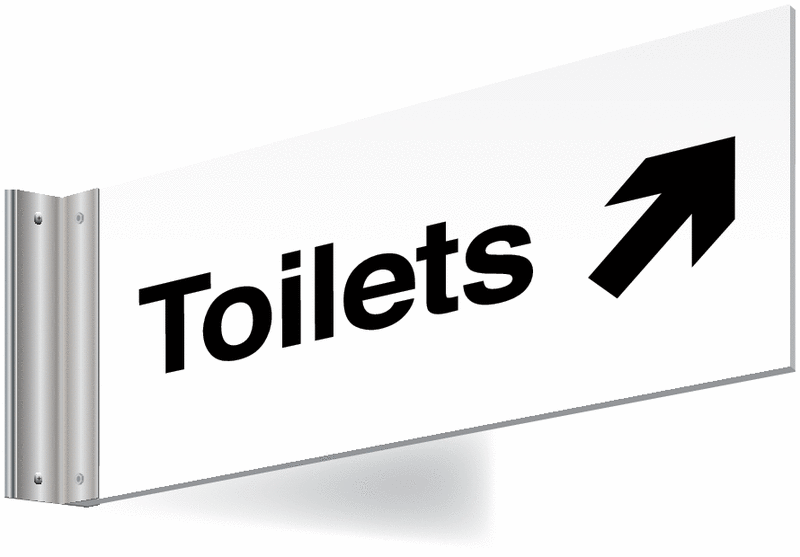 Toilets right up arrow Double-sided Washroom Sign - T Bar - black text on white background