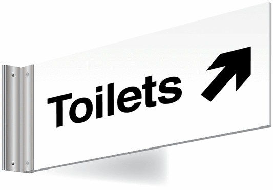 Toilets right up arrow Double-sided Washroom Sign - T Bar - black text on white background