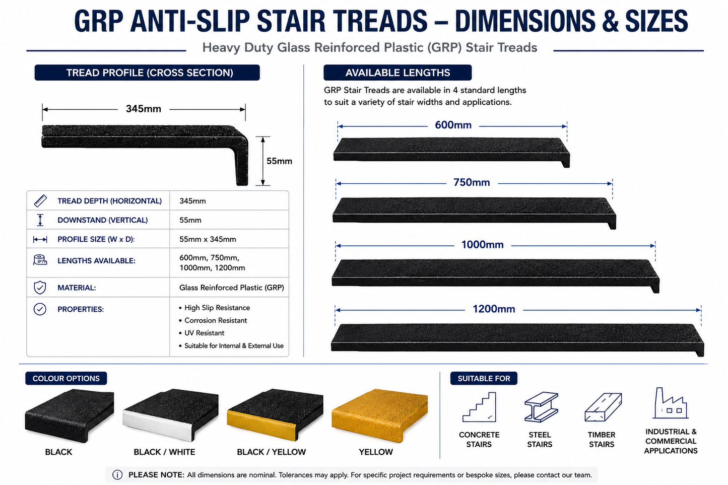 GRP anti-slip stair tread dimensions showing 55mm x 345mm profile with available lengths of 600mm, 750mm, 1000mm and 1200mm in black, yellow, black/yellow and black/white colour options.