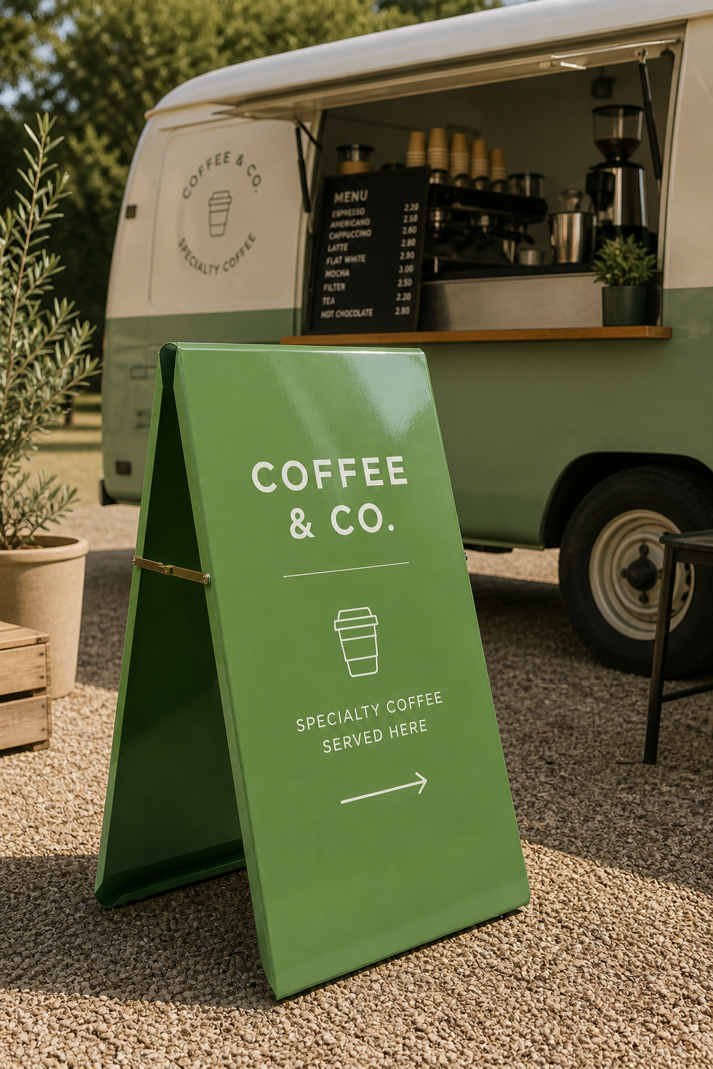 Sage green outdoor metal A-board pavement sign outside a coffee truck