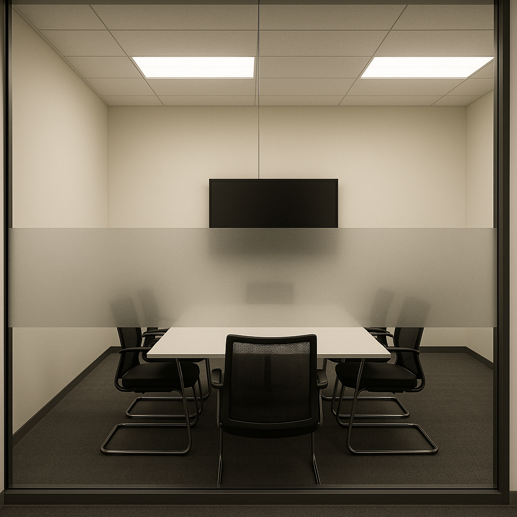 Etched frosted vinyl glass office partition without cut-out company name