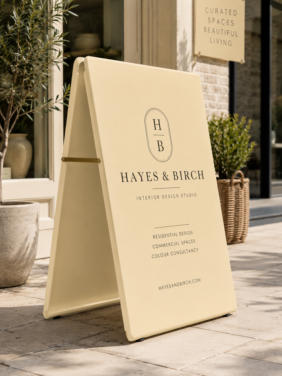 Ivory RAL 1014 metal A-board pavement sign outside a premium interior design studio, featuring a minimalist beige and black branding design. The warm cream-coloured sign is displayed on a sunlit stone pavement with elegant plants and boutique storefront styling, creating a modern and sophisticated retail aesthetic.