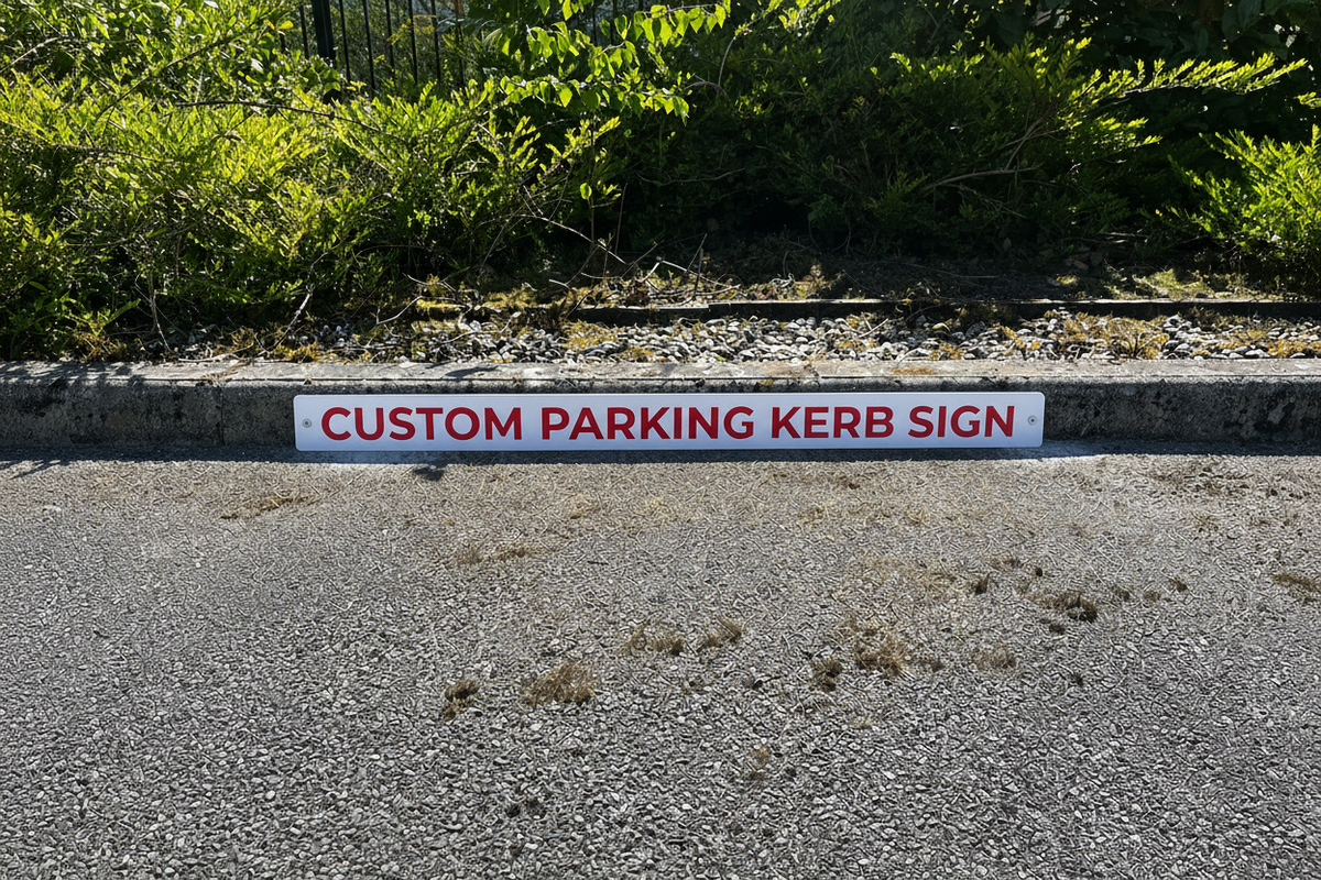 Custom parking kerb sign in a car park