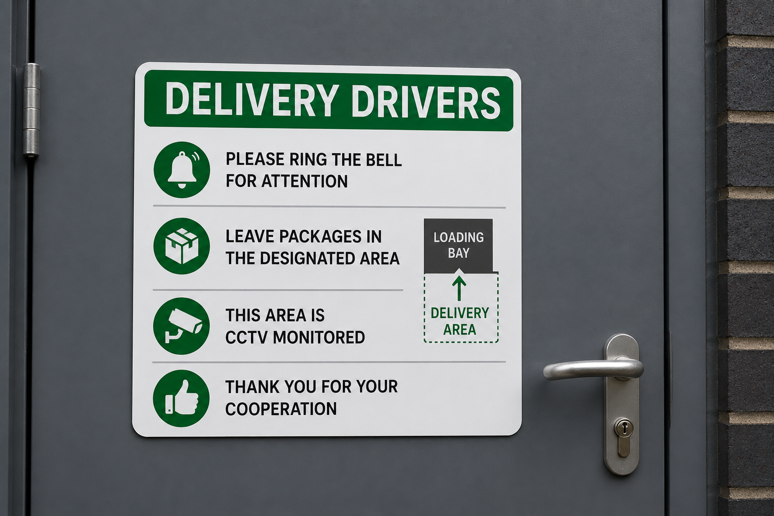 Custom magnetic delivery driver instructions sign displayed on a commercial steel door, providing clear delivery guidance with icons for ringing the bell, parcel drop-off location, CCTV monitoring and site instructions.