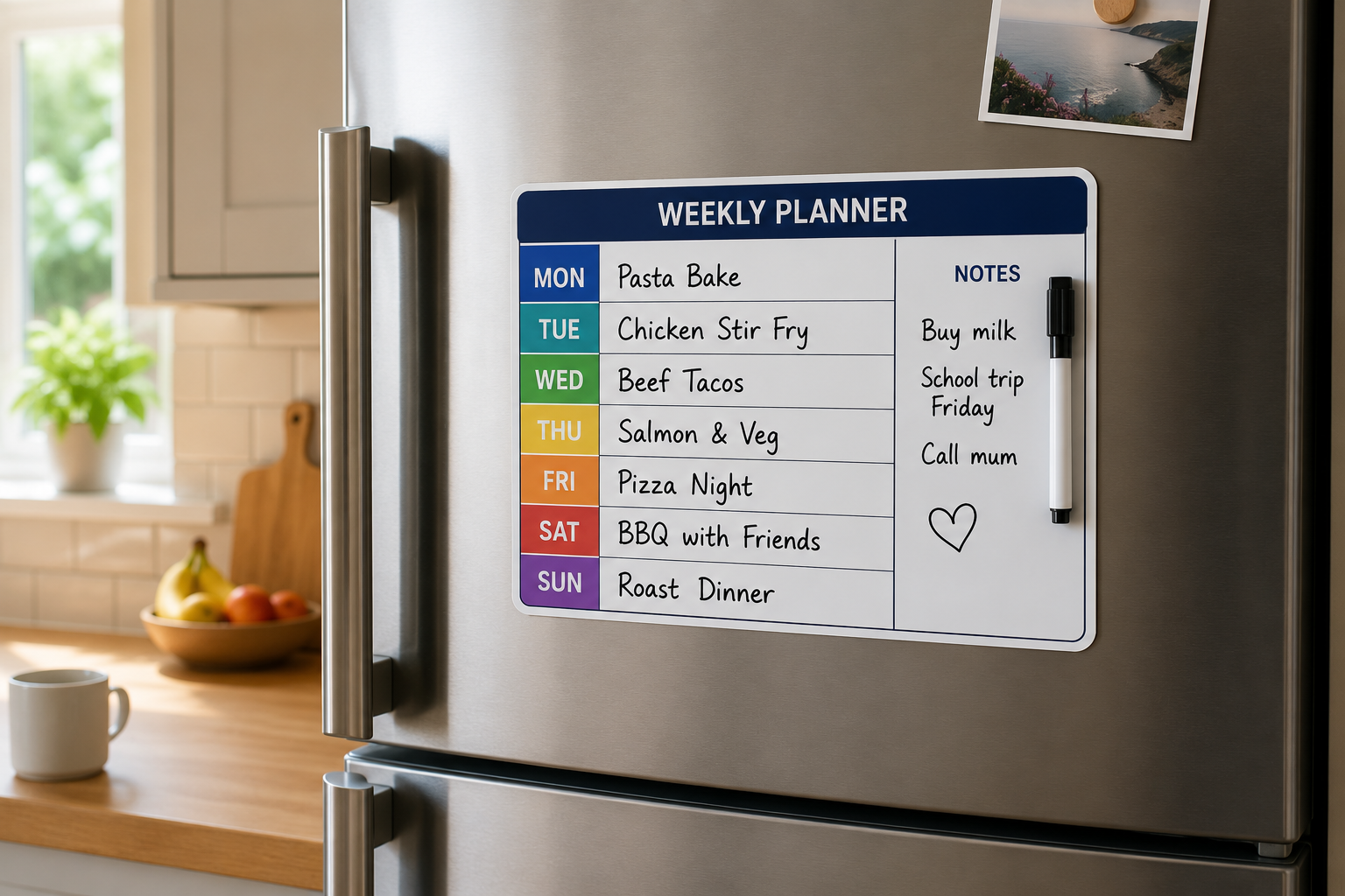 Reusable magnetic dry wipe weekly planner attached to a stainless steel kitchen fridge, showing a family meal planner and notes section with dry wipe marker.