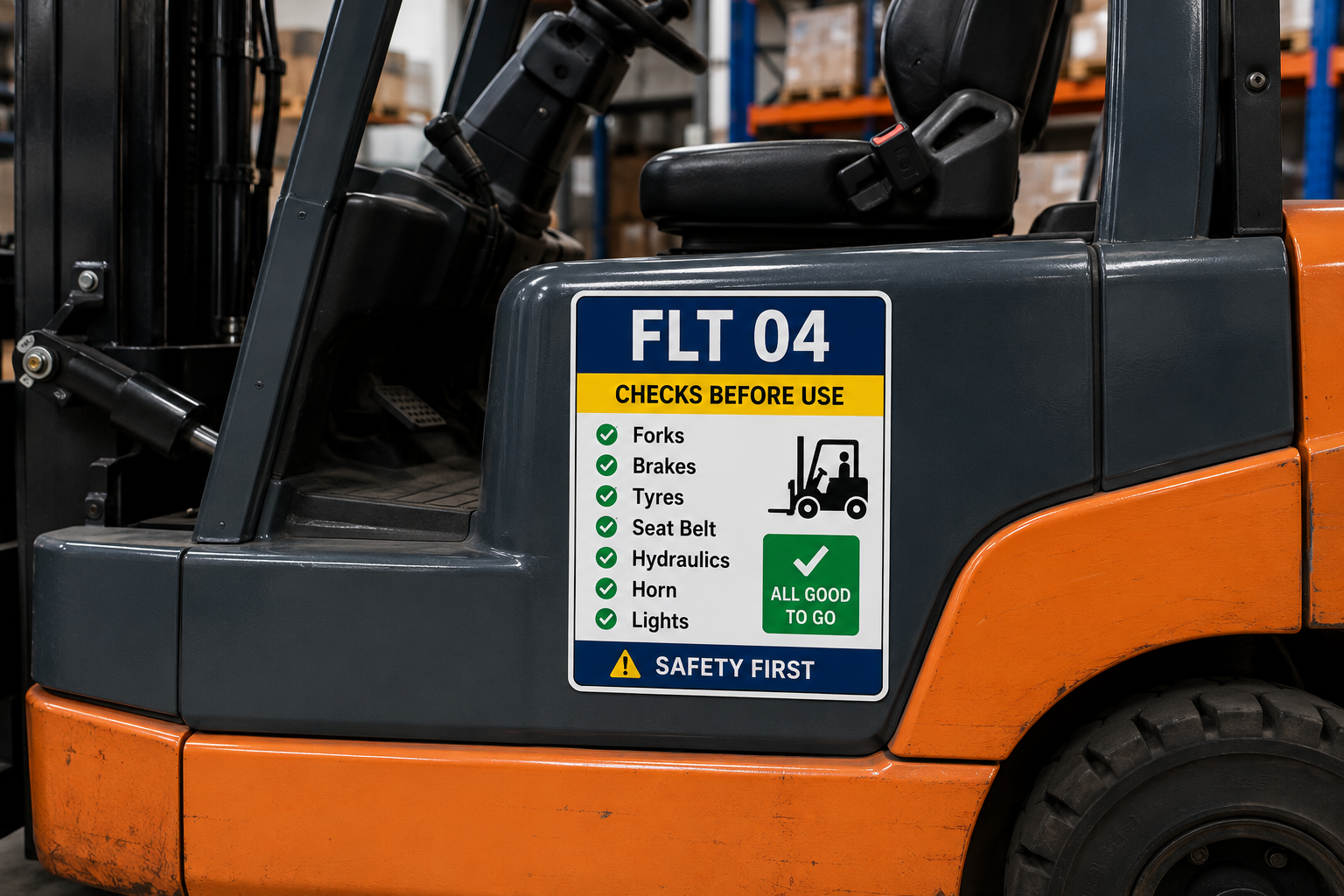 Custom magnetic safety checklist sign fitted to a forklift truck (FLT), displaying daily pre-use inspection checks on a removable magnetic dry wipe board in a warehouse.
