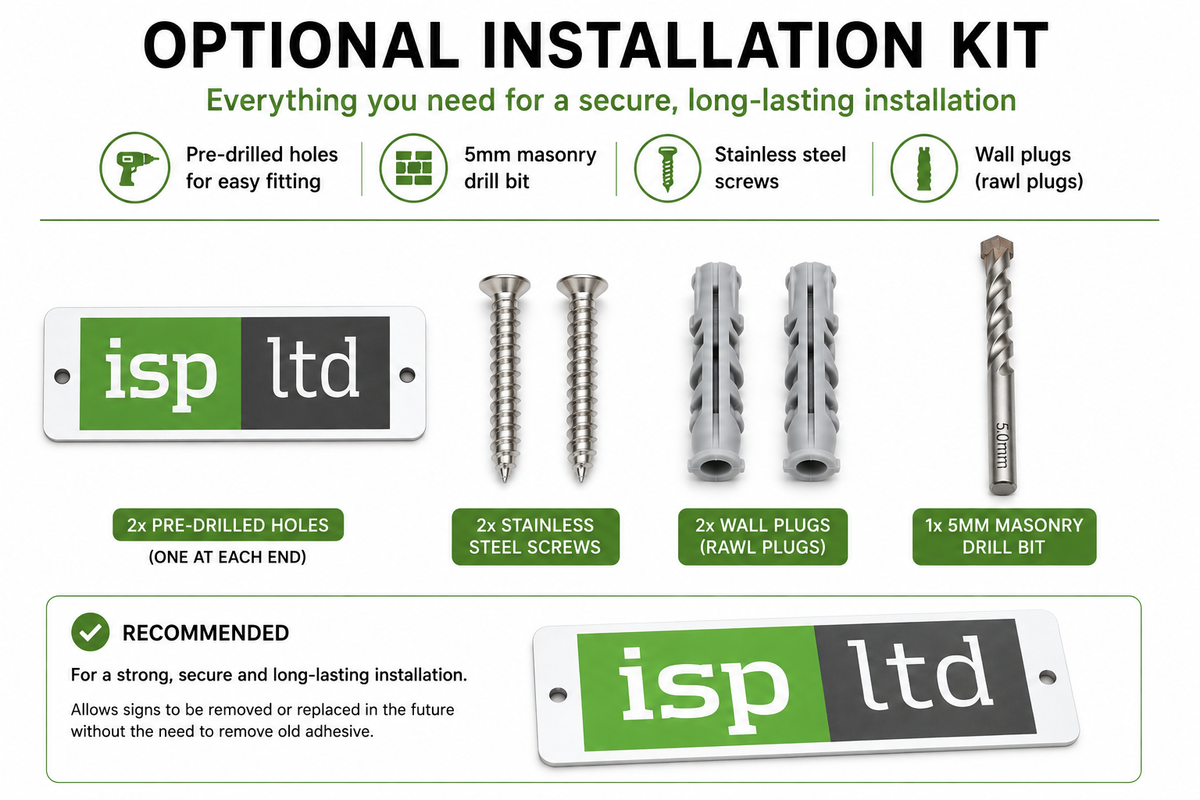 Optional fixing kit for personalised parking kerb signs, including a 5mm masonry drill bit, pointed stainless steel screws, wall plugs and pre-drilled sign holes.