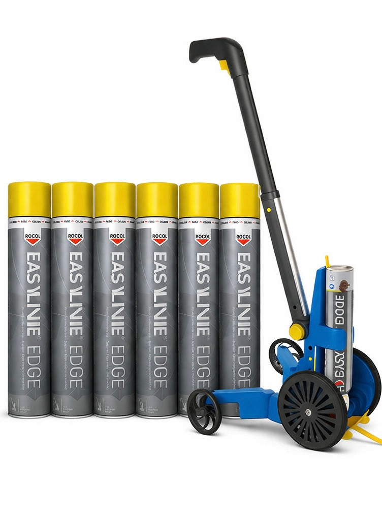 Yellow Rocol EASYLINE EDGE aerosol and a paint application tool