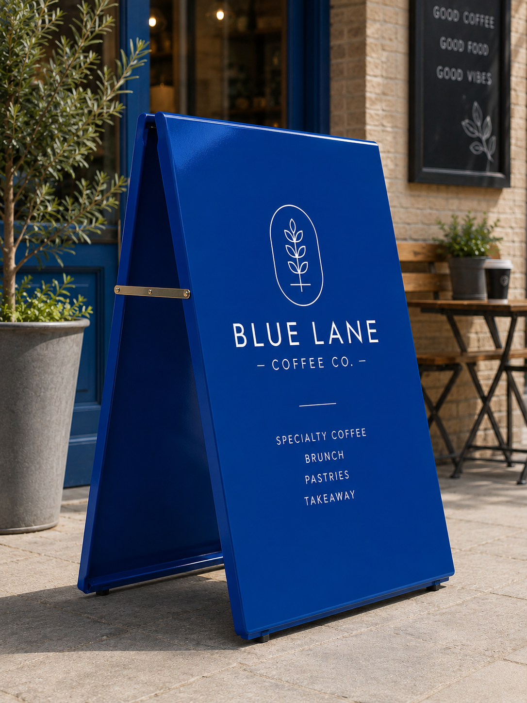 Signal Blue RAL 5005 metal A-board pavement sign outside a contemporary coffee shop, featuring minimalist white typography and logo branding. The bold blue pavement sign is displayed on a light stone pavement with warm café lighting, outdoor seating and modern storefront details, creating a premium high-street retail aesthetic