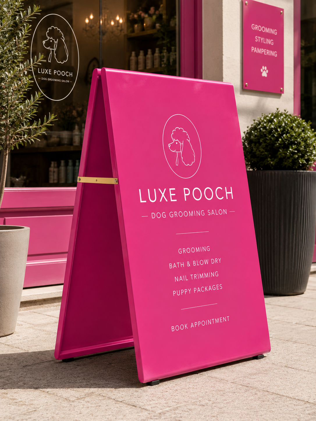 Traffic Pink RAL 4010 metal A-board pavement sign outside a modern dog grooming salon, featuring minimalist white typography and a stylish dog logo graphic. The vibrant pink pavement sign is displayed on a light stone pavement with boutique storefront styling, pet grooming branding and contemporary retail décor, creating a bold and premium high-street display aesthetic.