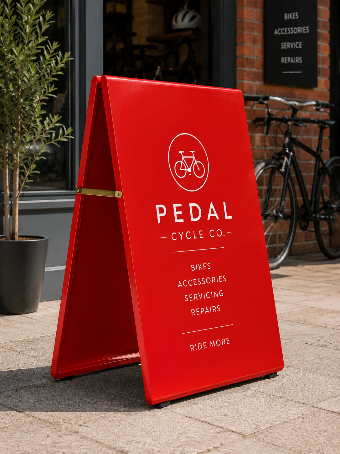 Traffic Red RAL 3020 metal A-board pavement sign outside a modern bicycle shop, featuring minimalist white typography and cycling icon graphics. The glossy red pavement sign is displayed on a light stone pavement with contemporary storefront details, bicycles and warm urban styling, creating a bold and premium retail display aesthetic.