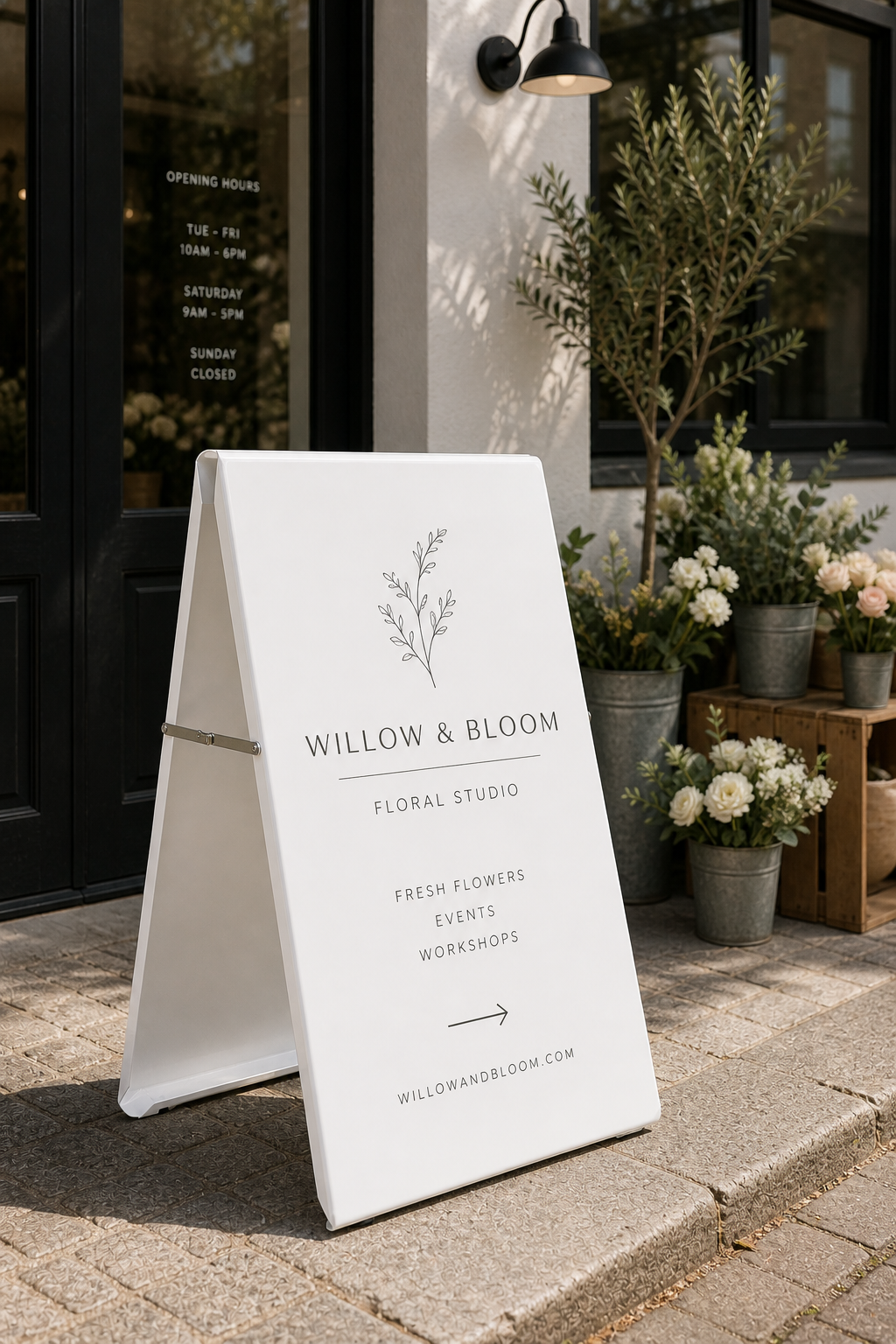 White A-frame pavement sign outside a stylish florists shop