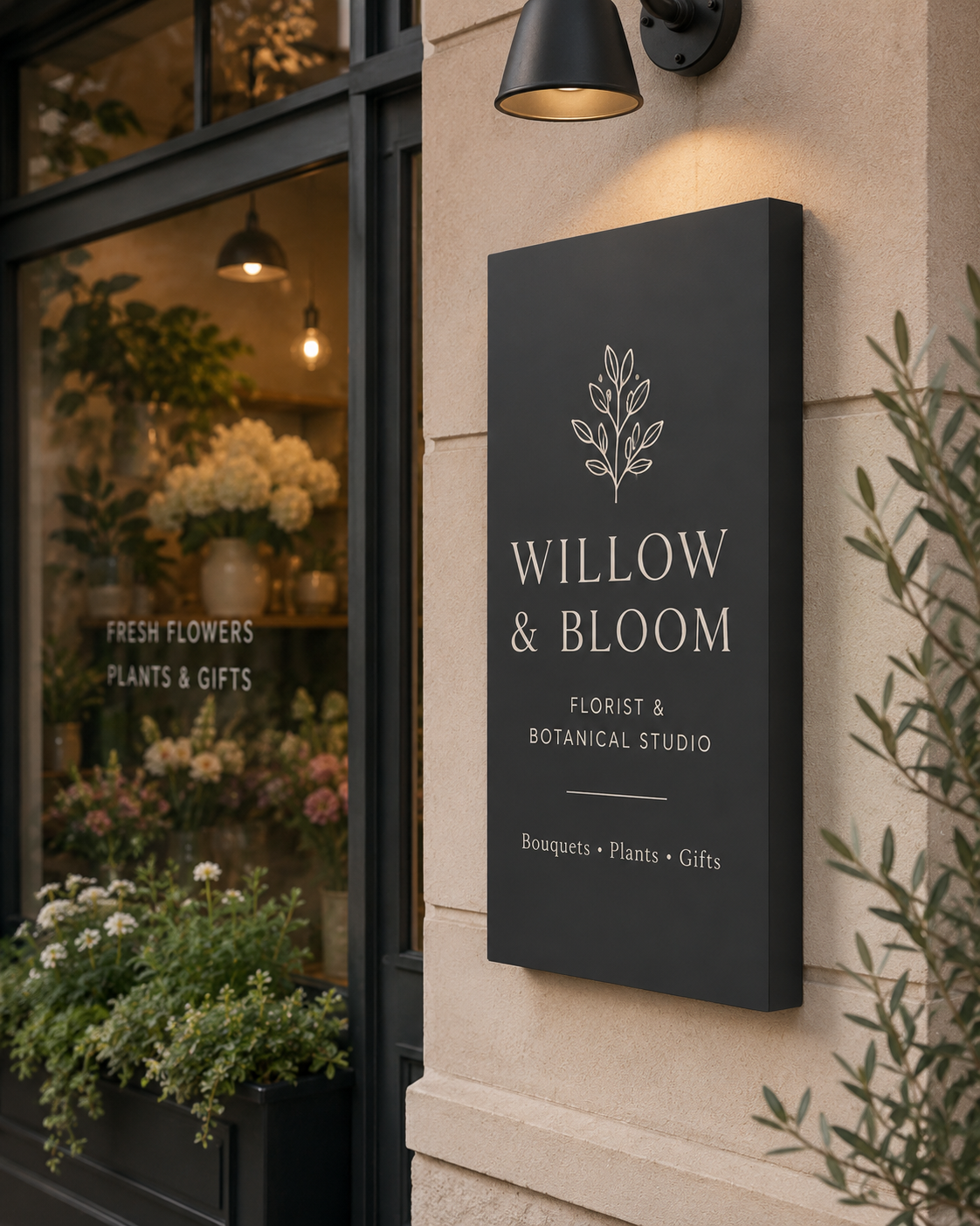 nthracite grey wall mounted sign tray for a florist, displayed on an outdoor shopfront with flowers, plants and warm exterior lighting