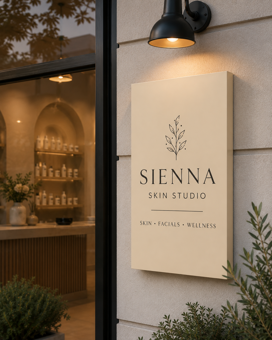 Cream wall mounted sign tray for a skin studio, fitted to a light rendered exterior wall beside a modern salon entrance