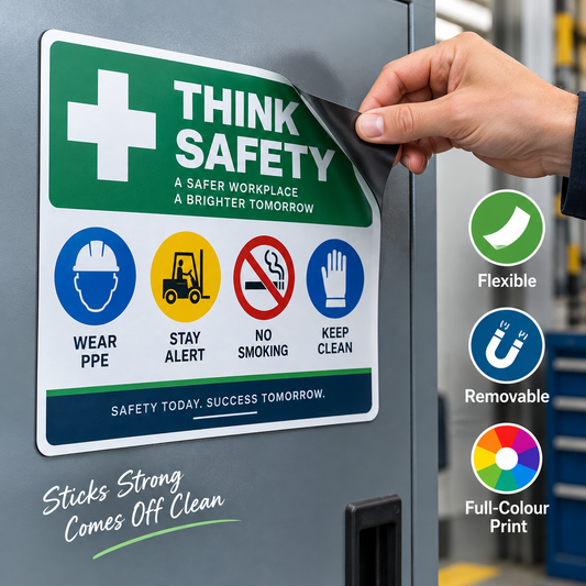 Custom flexible magnetic sign on a steel cabinet showing removable magnetic backing and full-colour printed safety graphics