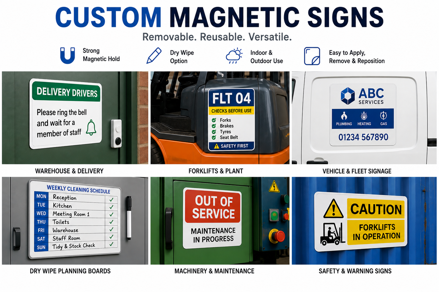 Collage showing custom magnetic signs used on a warehouse door for delivery instructions, a forklift safety checklist, a commercial van, a magnetic dry wipe planning board, machinery maintenance signage and a magnetic forklift warning sign.