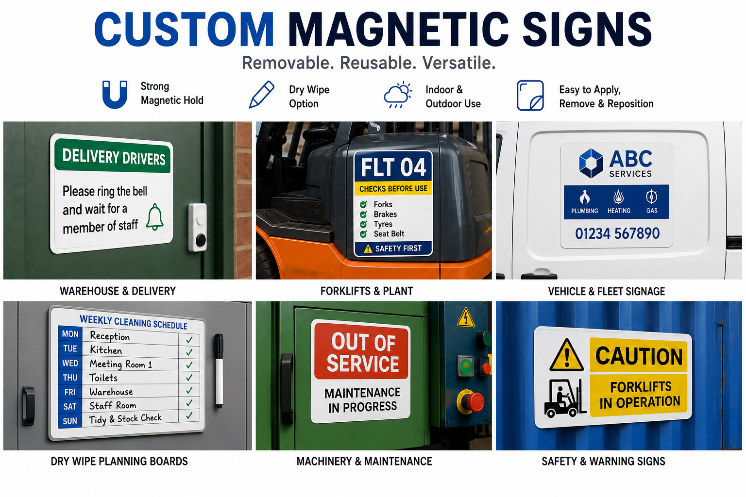 Collage showing custom magnetic signs used on a warehouse door for delivery instructions, a forklift safety checklist, a commercial van, a magnetic dry wipe planning board, machinery maintenance signage and a magnetic forklift warning sign.