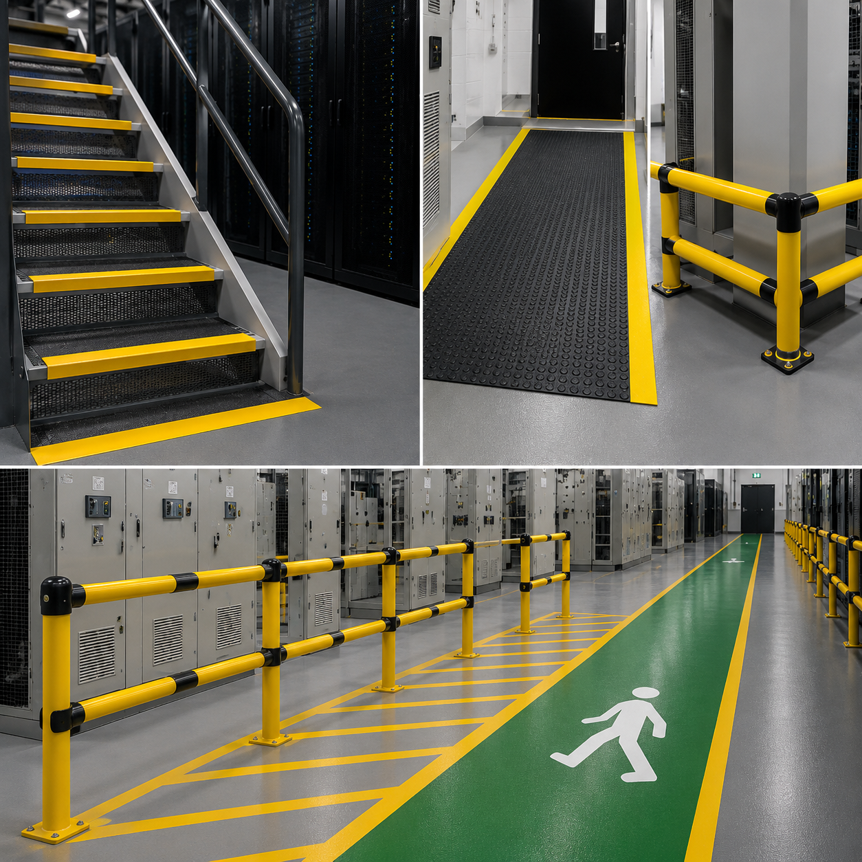 Data centre anti-slip and barrier products including yellow stair nosings, anti-slip walkway matting, safety barriers and marked pedestrian routes around equipment areas.