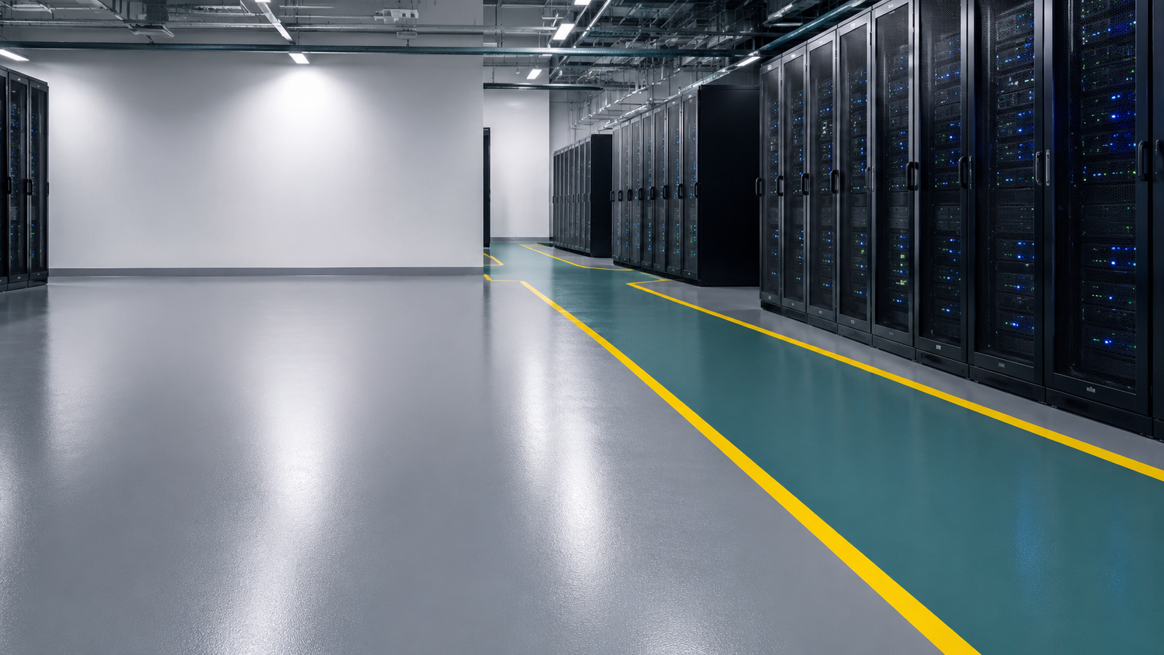 Data centre epoxy flooring with a smooth grey resin finish, green pedestrian walkway and yellow safety line markings beside server racks.