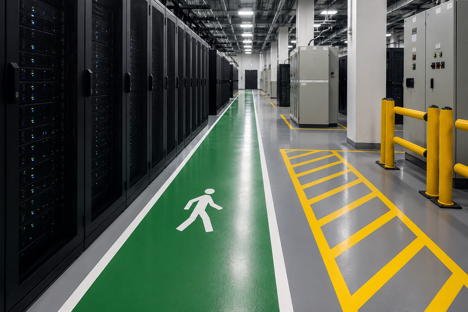 Data centre line marking with a green pedestrian walkway and yellow safety markings on grey resin flooring beside server racks.