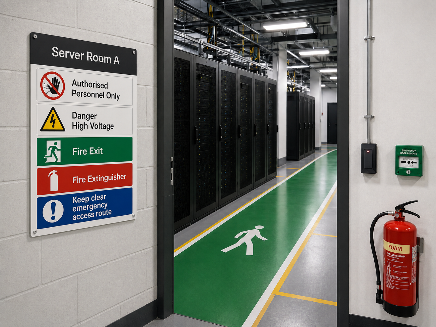 Multi-message data centre safety signage panel outside a server room, showing access control, high voltage, fire exit, fire extinguisher and emergency access route information