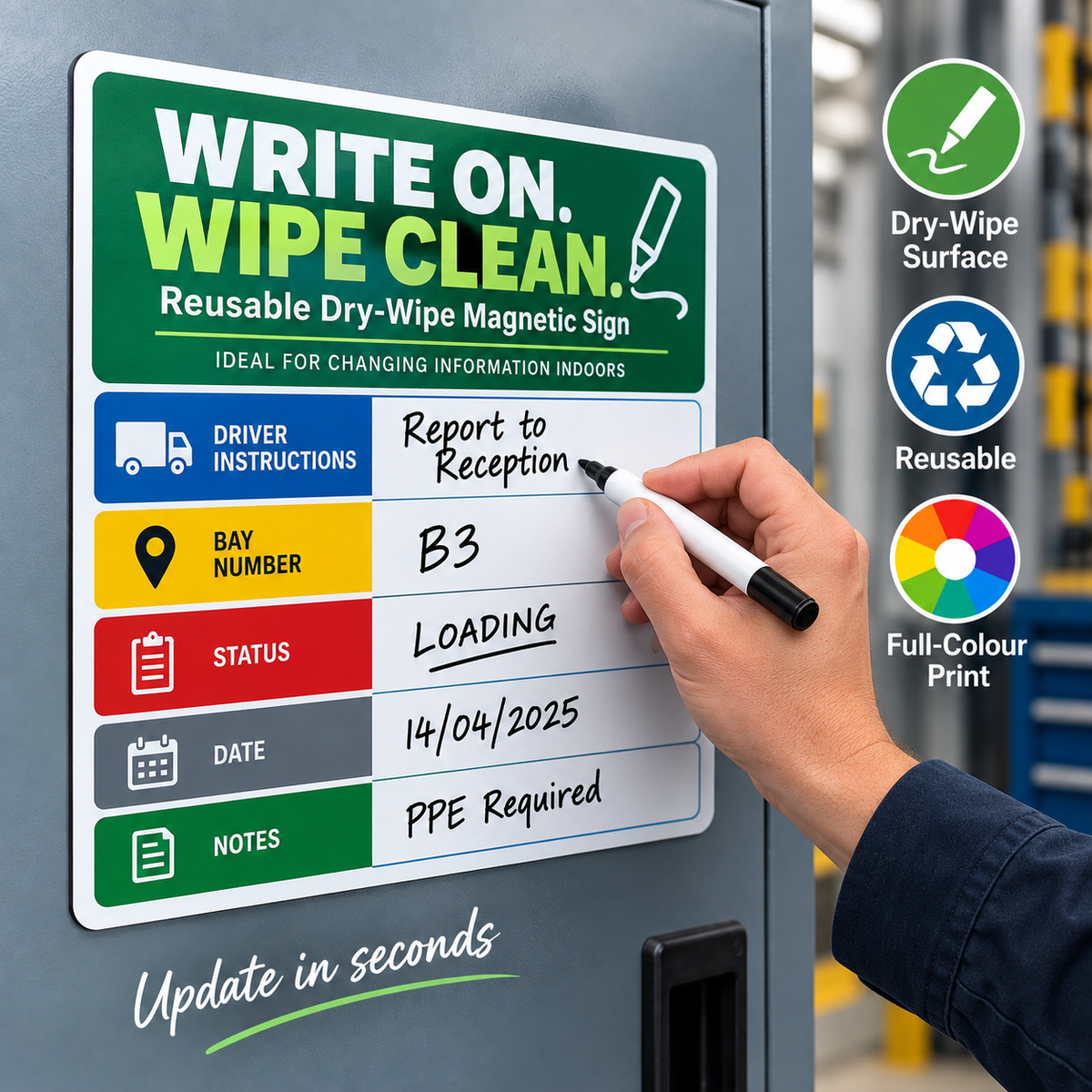 Reusable dry-wipe flexible magnetic sign being written on, used as an indoor information board on a steel surface
