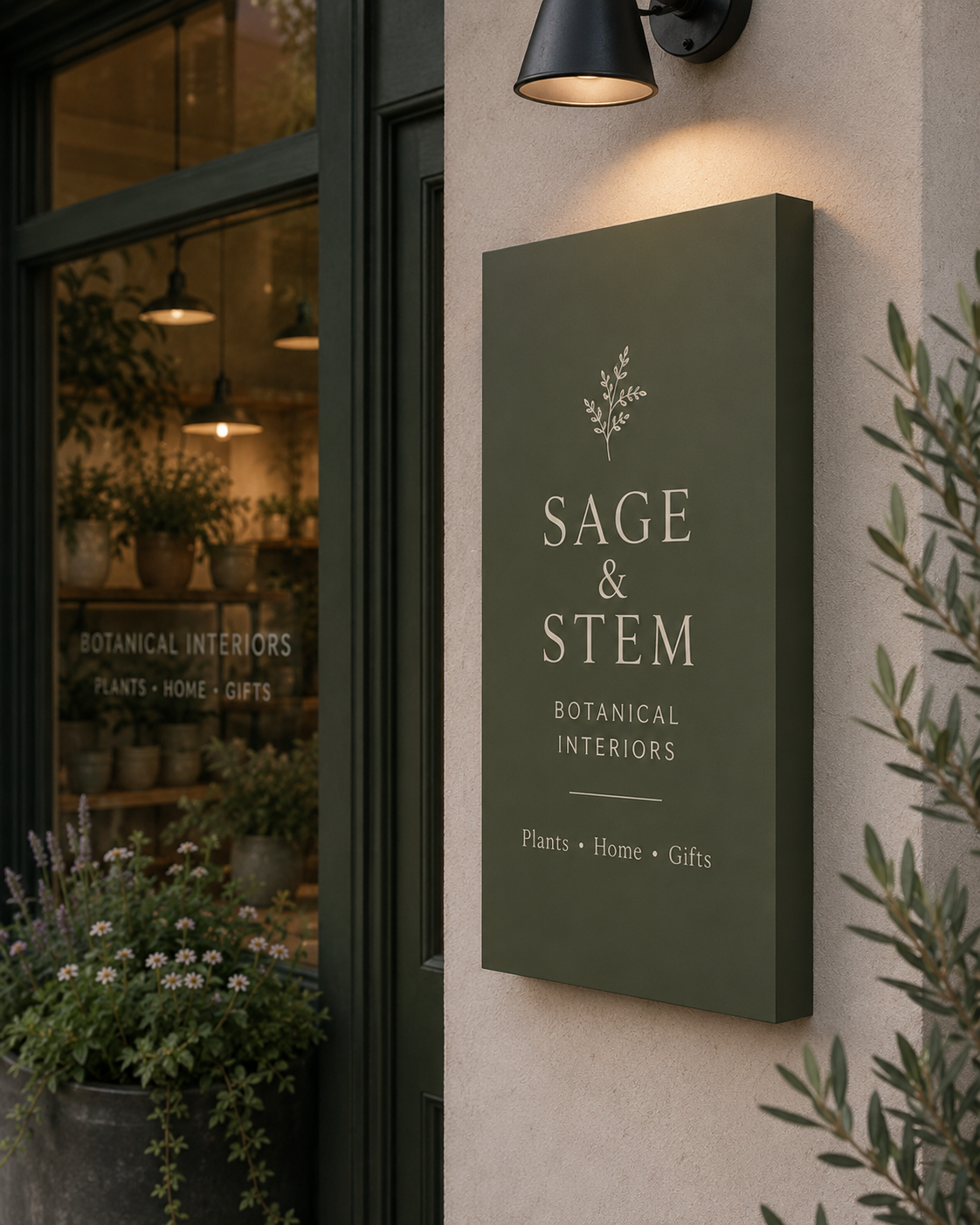 Olive green wall mounted sign tray for a botanical interiors shop, displayed on an outdoor storefront with plants and warm lighting