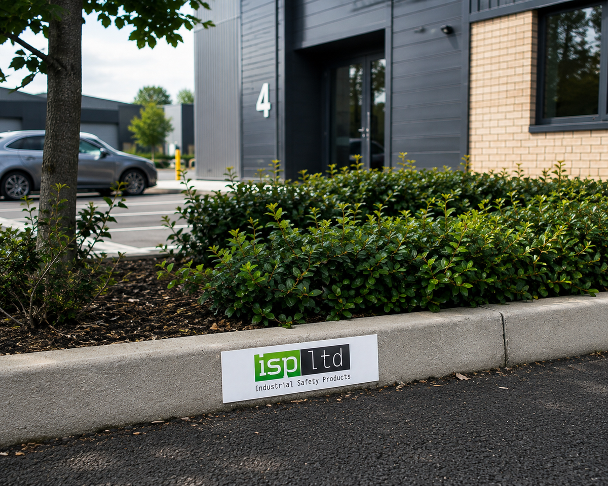 Personalised parking kerb sign with a custom company logo installed on a concrete kerb outside an industrial building, ideal for reserved parking bays.