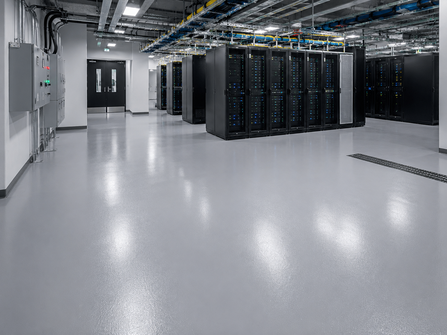 Grey resin flooring in a modern data centre with server racks, electrical panels and a smooth hard-wearing floor finish