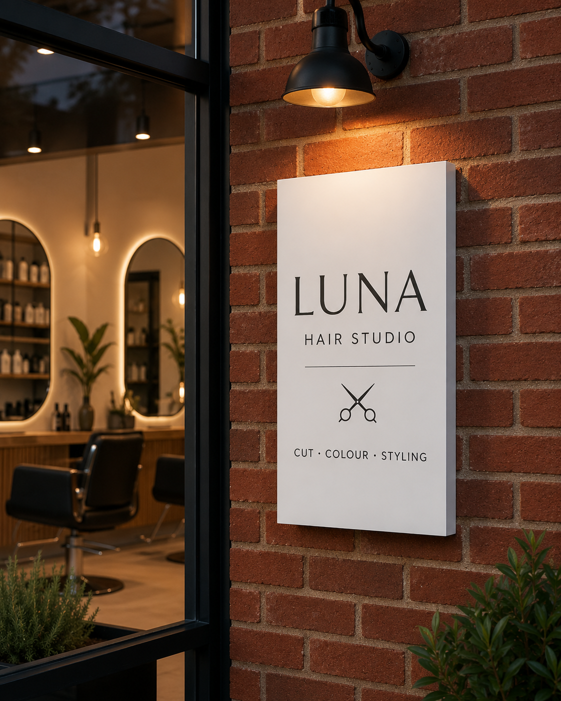 White wall mounted sign tray for a hair studio, fitted to a brick exterior wall with salon interior visible through the shop window.